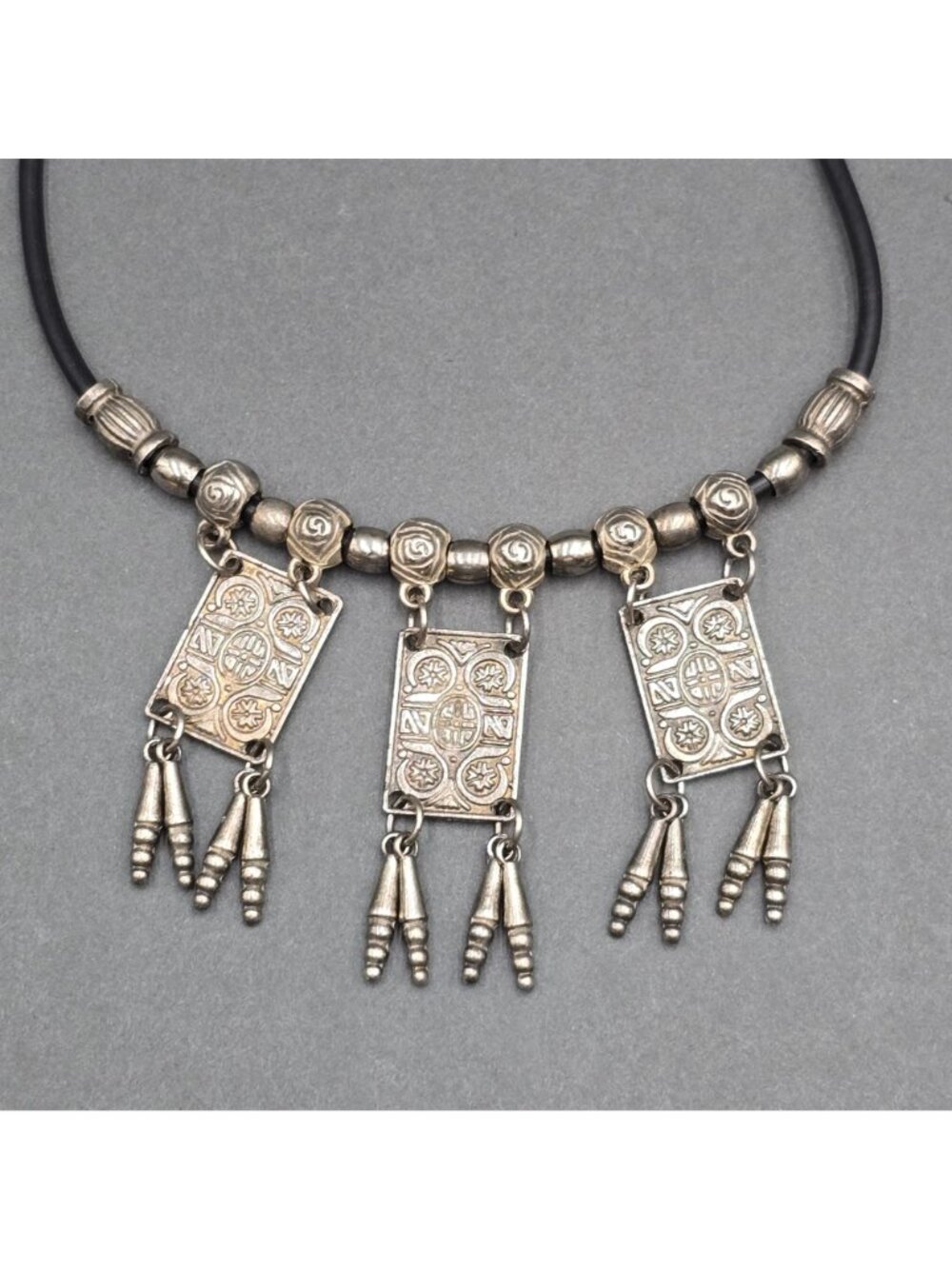 Vintage Tribal Panel Fringe Necklace Silver Tone Leather Cord Boho Statement - Picture 11 of 16